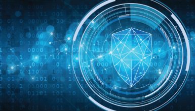 Decorative graphic depicting binary code behind security shield composed of networks