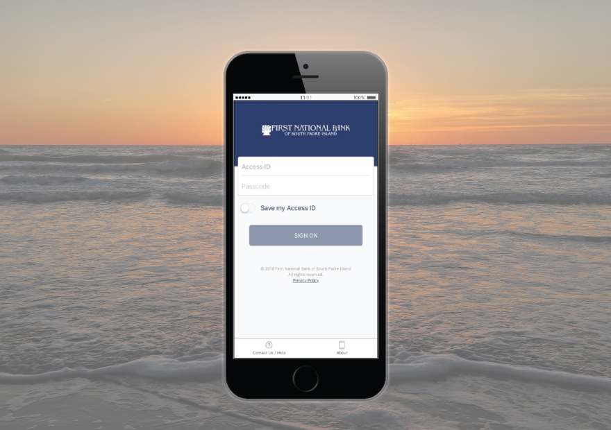 Mockup of First national bank of south padre island mobile app on smartphone screen