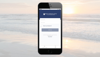 Mockup of First national bank of south padre island mobile app on smartphone screen